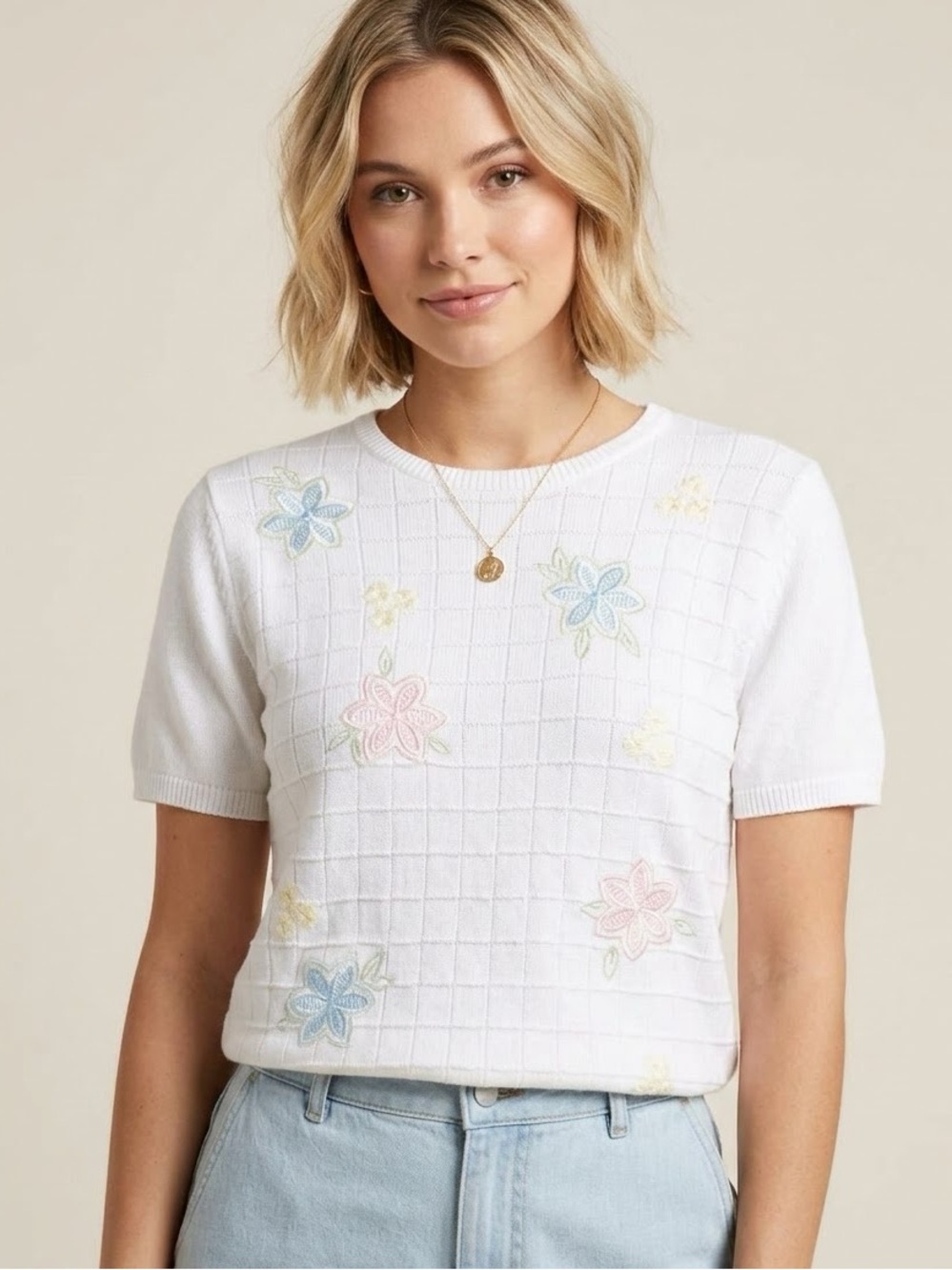 Vintage Alfred Dunner Short Sleeve Crewneck Sweater, Size Petite Large, flowers